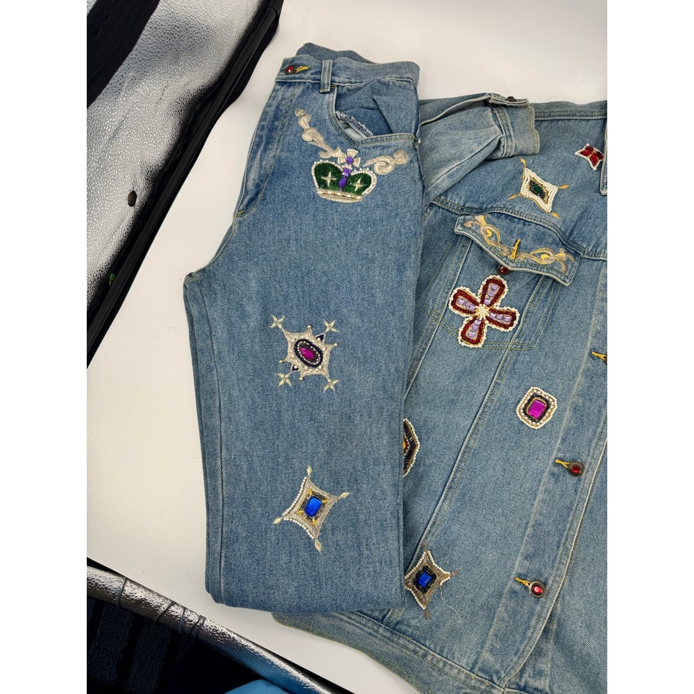 Vintage Cedars Denim Jacket Jeans Set Jeweled Beaded Women 28 Blue Crown - Picture 12 of 16
